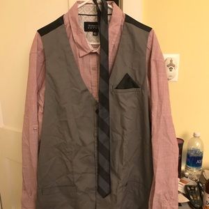 Men’s dress shirt with vest and tie.